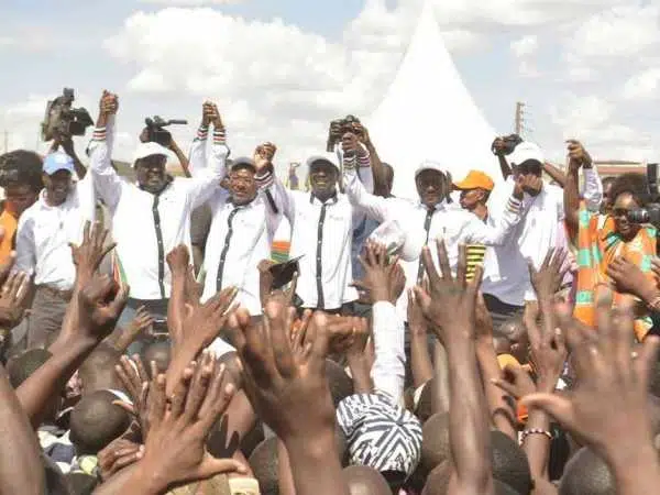 NASA principals Musalia Mudavadi (Amani National Congress), Moses Wetang'ula (Ford Kenya), Raila Odinga (ODM) and Kalonzo Musyoka (Wiper) during their rally at Muliro grounds in Mathare, Nairobi, March 24, 2017. /EMMANUEL WANSON
