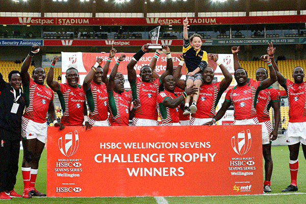 Kenya Sevens lift the Challenge Trophy after beating Australia at the HSBC Wellington Sevens on 29 January, 2017, round three of the HSBC World Rugby Sevens Series 2016-17 season. PHOTO | MICHAEL LEE |