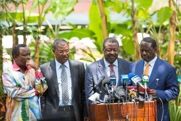 Opposition leaders (from left) Kalonzo Musyoka, Moses Wetang'ula, Musalia Mudavadi and Raila Odinga at Nairobi Serena Hotel on January 31,2017. PHOTO | EVANS OUMA