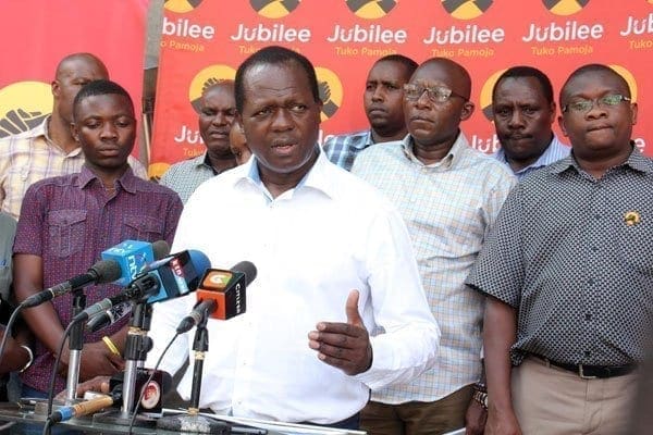 Jubilee Party Secretary General Raphael Tuju and other party officials addressing the media at Jubilee House, Pangani, Nairobi on Sunday, 26 March 2017. Mr Tuju condemned violence by sponsored goons witnessed in various Jubilee zones. PHOTO | DENNIS ONSONGO | NATION MEDIA GROUP