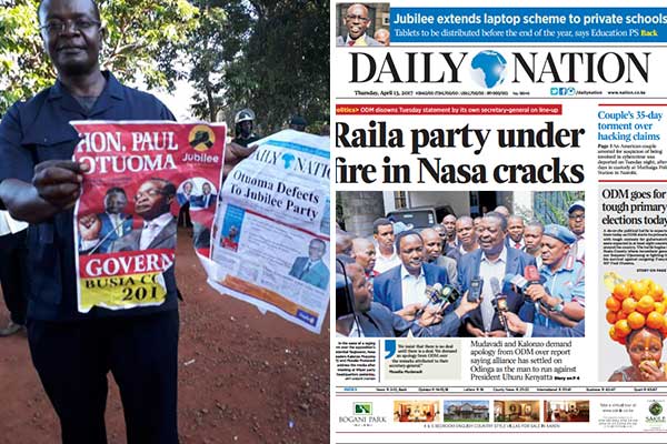 ODM aspirant for the Busia governor's seat Paul Otuoma displays a fake campaign poster and a fake Nation leaflet purporting he had defected to Jubilee from ODM. On the right is the real copy of the Daily Nation of April 13, 2017. PHOTOS | GAITANO PESA & NATION MEDIA GROUP