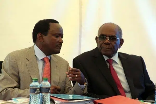 Wiper Party leader Kalonzo Musyoka (left) and party national chairman David Musila who was defeated in the Kitui gubernatorial nominations by incumbent Julius Malombe. PHOTO | DENNIS ONSONGO | NATION MEDIA GROUP