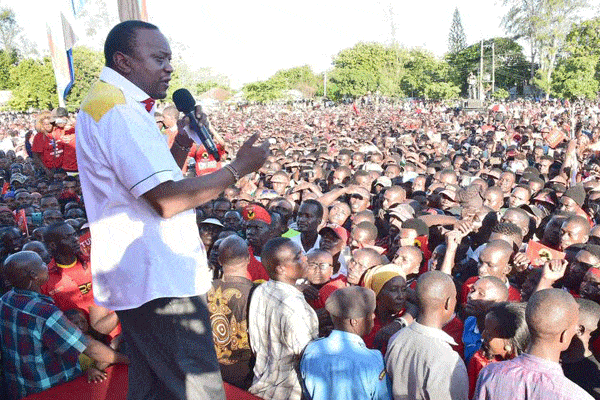 President Uhuru Kenyatta in Kilifi on the second day of his tour of the coast on May 25, 2017. He was accompanied by Deputy President William Ruto and leaders from the region. PHOTO | REBECCA NDUKU | DPPS