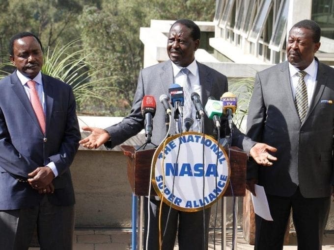 NASA Coalition principals Kalonzo Musyoka, Raila Odinga and Musalia Mudavadi during a press conference on IEBC's preparedness to hold the just concluded general elections at Capital Hill on March 2, 2017. /Jack Owuor