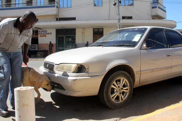A police officer with a sniffer dog inspects a suspicious vehicle in Mombasa on April 30, 2014. PHOTO | KEVIN ODIT