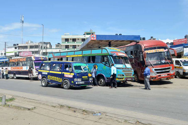 Some of the buses plying the Mombasa-Nairobi route awaiting customers