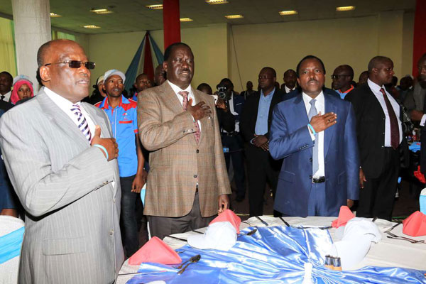 From left Johnstone Muthama, Kalonzo Musyoka and Raila Odinga at Panari Hotel, Nairobi, on June 30, 2016. PHOTO | JEFF ANGOTE | NATION MEDIA GROUP