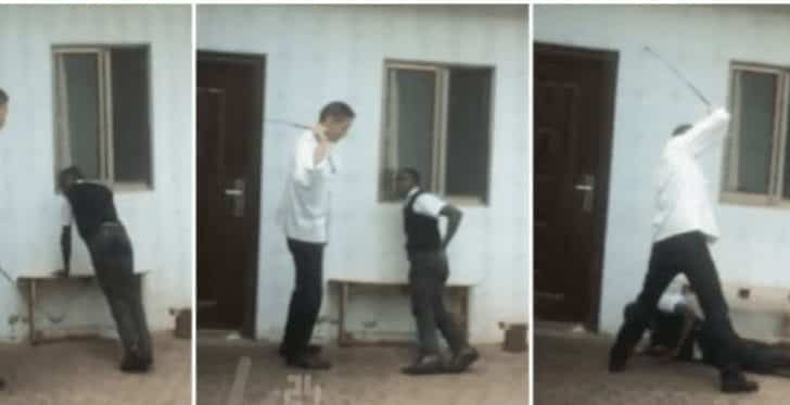 Chinese man caning Kenyan worker for reporting late