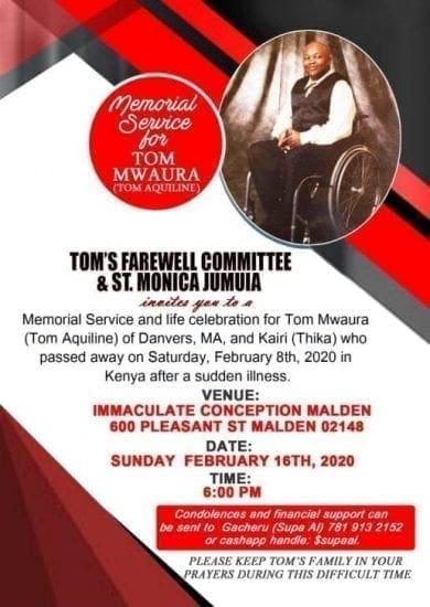 Memorial Service and Celebration of life For Tom Mwaura of Danvers MA