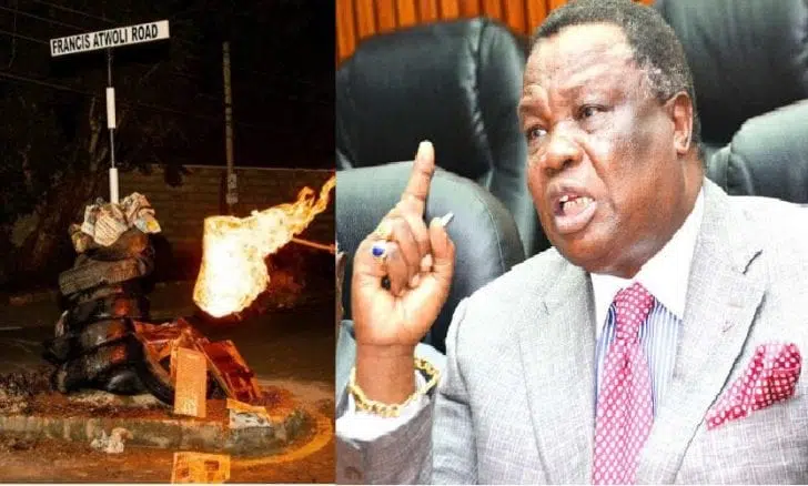 Francis Atwoli condemns burning down of road sign in Kileleshwa
