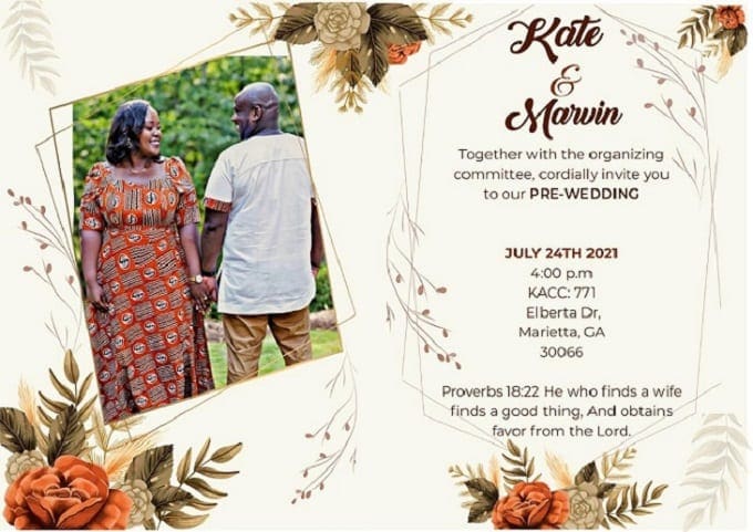 Invitation to Marvin and Kate pre-wedding dinner in Marietta Georgia