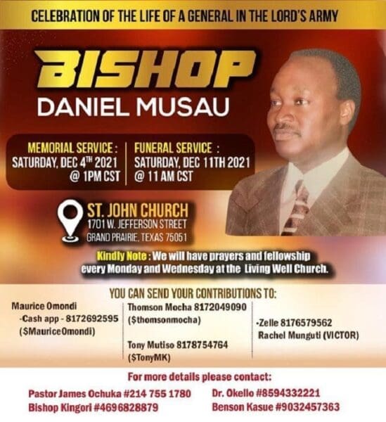 Memorial and Funeral Service for Bishop Daniel Musau Of Arlington, Texas