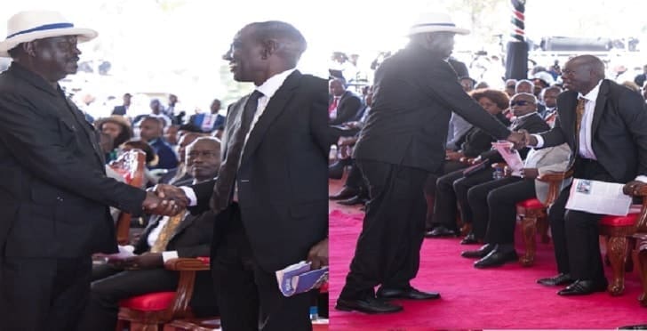 Raila Attends Mukami Kimathi's Burial, Shake Hands with Ruto