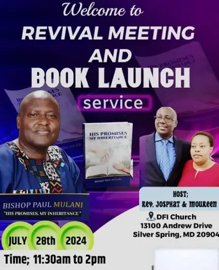 Invitation to Bishop Paul Mulani's Book Launch at DFI Church MD