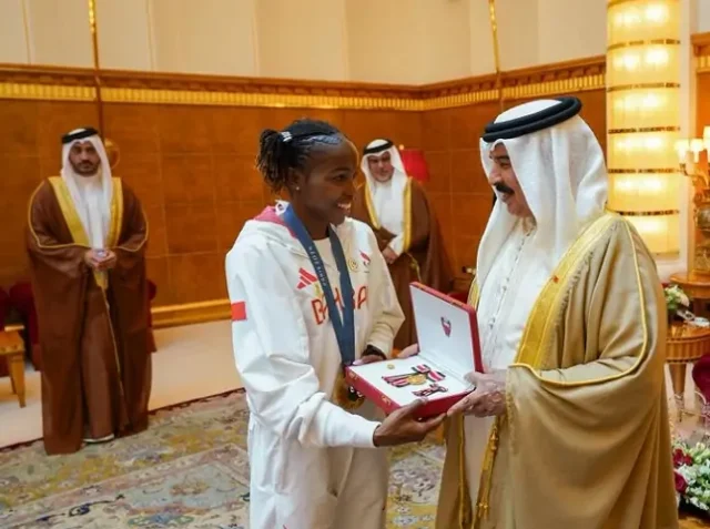 Kenyan born and Gold medalist Winfred Yavi meets King of Bahrain 