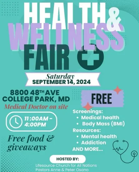 Invitation to Free Health and Wellness fair in Collage Park Maryland